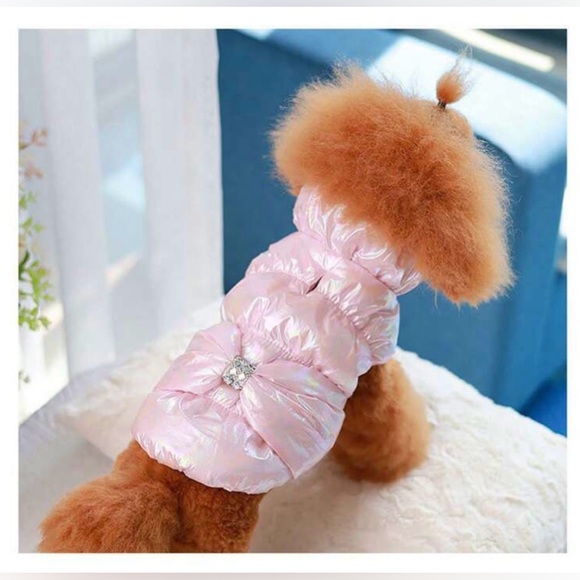 🛍️BOGO🛍️Iridescent Pink Dog Puffer Jacket | Sleeveless | Crystal Bow | S | New - Picture 4 of 11